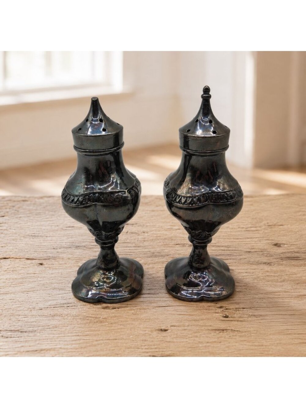 Vintage Metal Salt and Pepper Set SP117 Ornate Footed Shakers Rainbow Patina